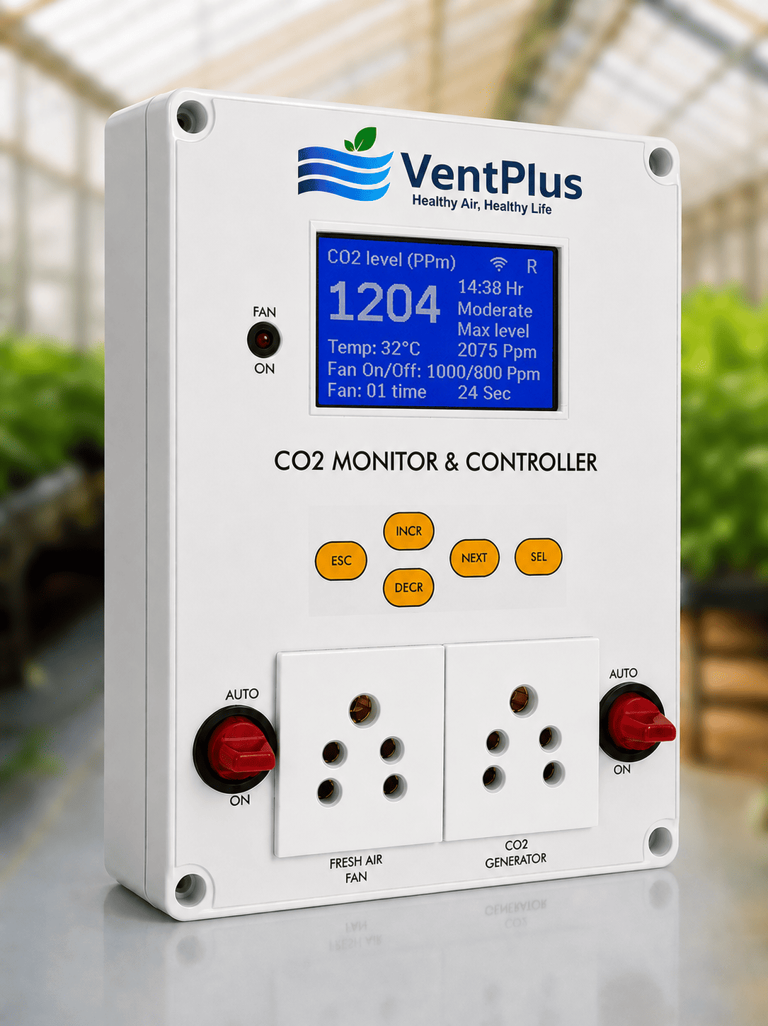 VentPlus CO₂ monitor and controller installed in a greenhouse